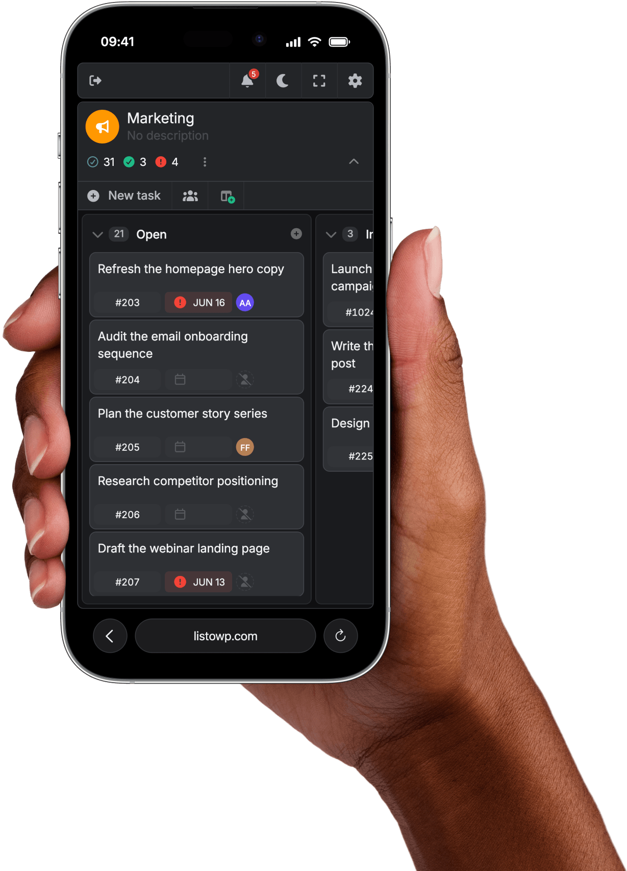 A hand holding a phone showing the ListoWP app